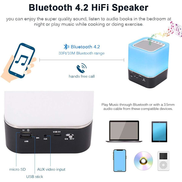 *Sänglampa med väckarklocka Bluetooth-högtalare, HiFi Bluetooth N*