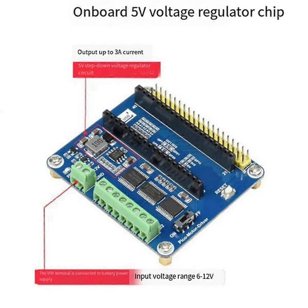 Udvidelseskort til Raspberry Pico med 4-vejs DC-motorinterface/5V reguleret/I2C-motordriver