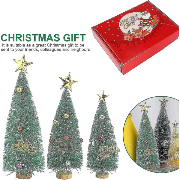 Konstgjorda frostade mini sisal julgranar, flaska borste träd med trä bas Gör-det-själv hantverk för jul hem bordsskiva dekor vinterprydnader, med M