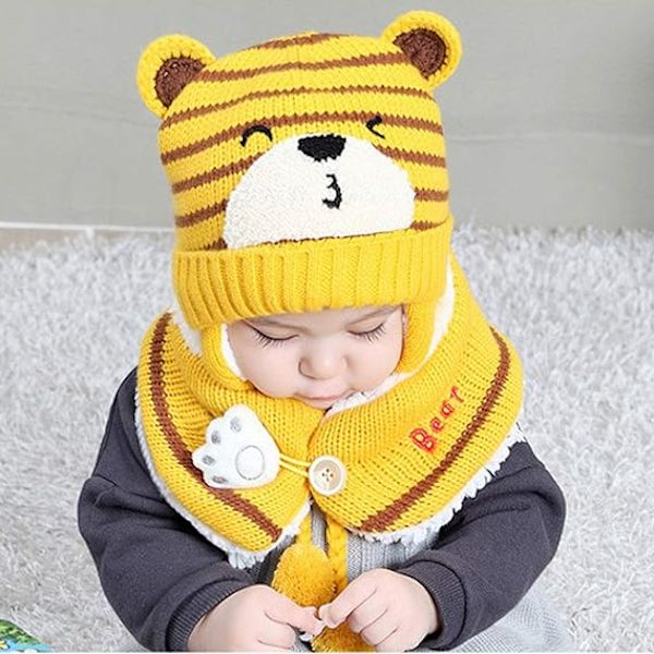 Vinterlue + Koselig Varmt Hals skjerf Beanie Lue Ull Heklet for Barn