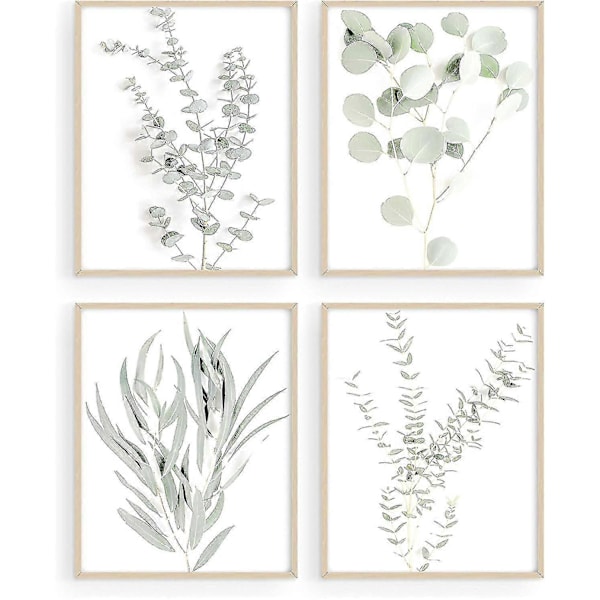 Botanisk Väggkonst med Växter - Set med 4 Väggdekorationer med Växter, Blommor, Blad, Boho-blad, Eukalyptus (oramad) (20x25 cm)