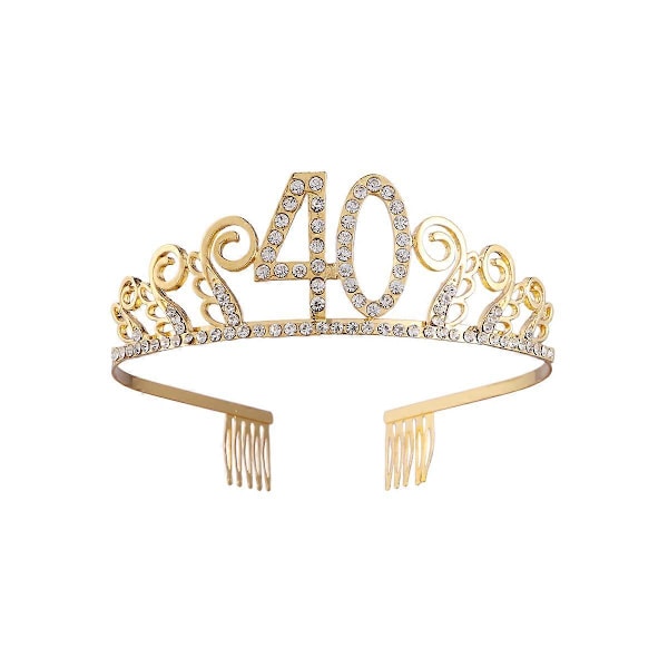 Fødselsdags Krystal Rhinestone Tiara Dronning Krone Dansefest Hårbøjle Hårkamme Nål til Kvinder 40 års Fødselsdagsfest Gave (Guld)