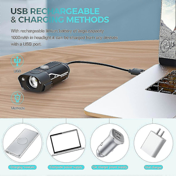 Lumen USB Uppladdningsbart Cykelljus Set, 3 LED Cykelstrålkastare Super Starkt Framljus IPX5 Vattentätt