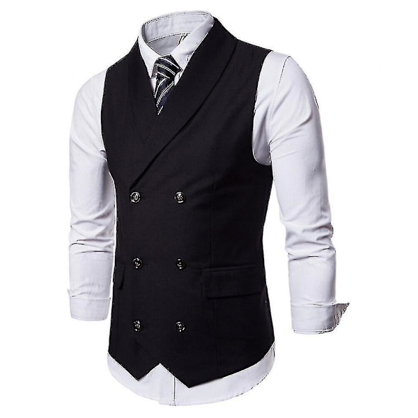 Allthemen Herre Business Formel Ensfarvet Revers Dobbeltradet Slim Vest Sort