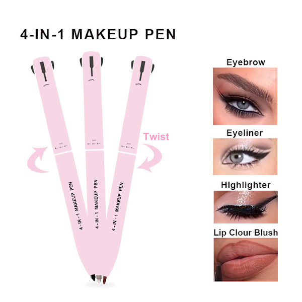 #4-i-1 Makeup Pen, Øjenliner, Øjenbrynliner, Læbeblyant og Highlight#