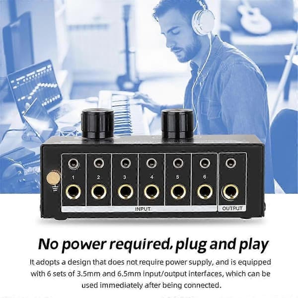 Audio Switcher - 6-vejs 3,5/6,35 mm Stereo Audio Switch - Signal Source Switcher Selector Splitter Box