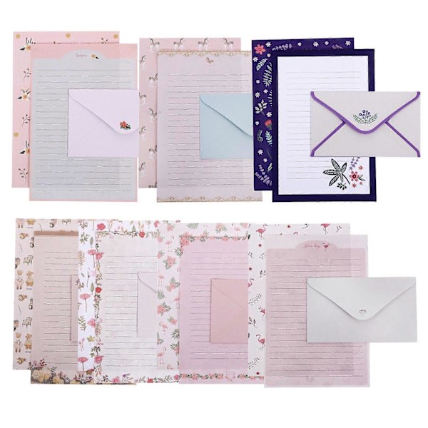8 Set Söta Blommiga Brevpapper Tecknade A5 Skrivpapper med Kuvert Kit