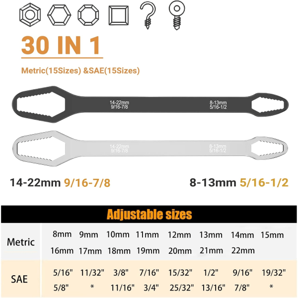 8-22mm Universal Nøkkelsett, Dobbelt-endte Selvstrammende Justerbar