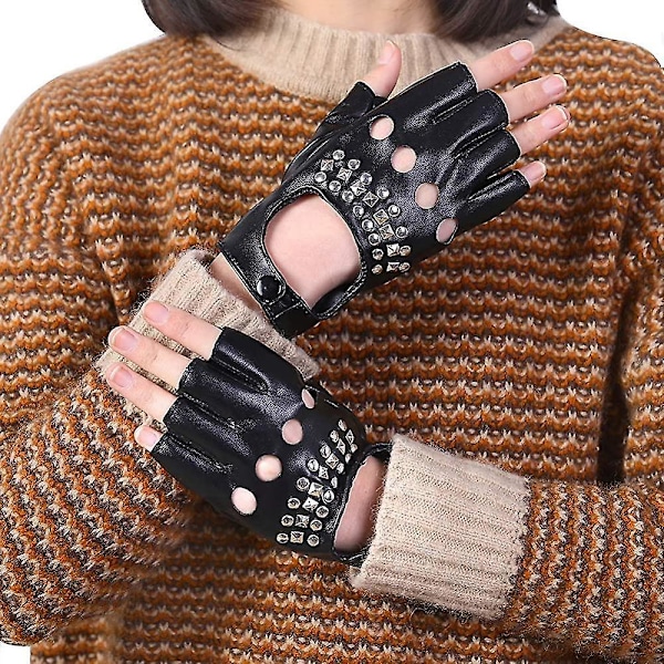 Dame Punk Nitter Bælte Op Halv Finger Pu Læder Performance Handsker