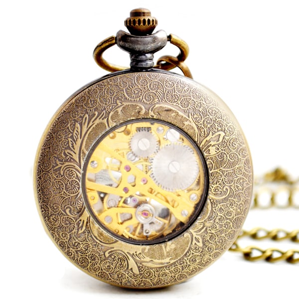 #1 Retro Lommeur Skelet Dækning Mekanisk Håndoptræk Analog-Digital Fancy Alloy Bronze Farve#