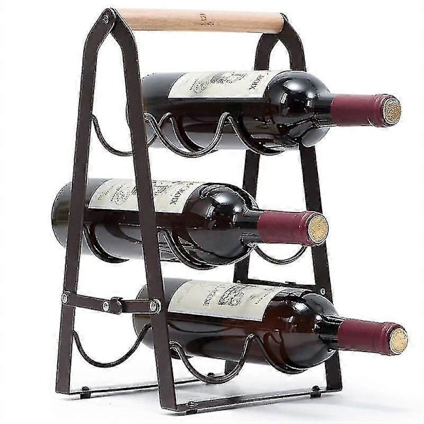 Vinstativ til bordplade, bordplade vinstativ i træ til 6 flasker vin, 3-lags klassisk design, vinstativ i træ og metal