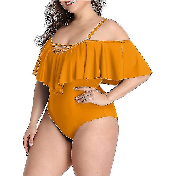 Plus Size Off Shoulder Baddräkter i ett stycke för kvinnor, magkontroll - GulX-L DFA1628