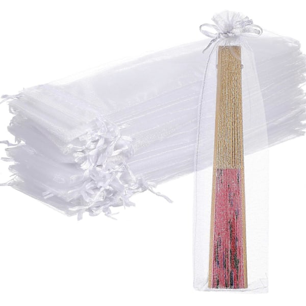 50 stk. Organza pose med snøre til folde vifte, fest, bryllup, gaveposer (Hvid)