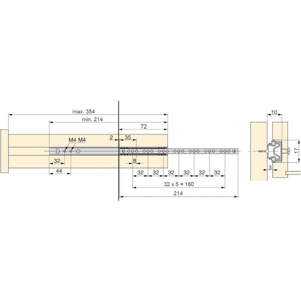 Paket med 1 par (2 stycken) skjutreglage/kullagerutdrag Del 17mm