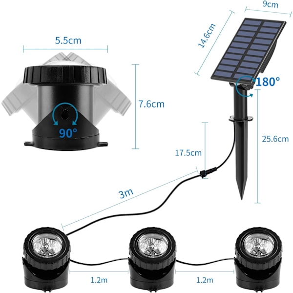 /#/3 stk. solcelledamlys, solundervands spotlights med 2 tilstande,/#/