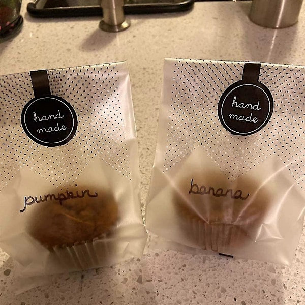 Ghyt 50 stk. gennemsigtige plastikposer/cellofanposer med 50 stk. håndlavede klistermærker til kiks, kage, chokolade, konfekture, snackemballage til bagning P
