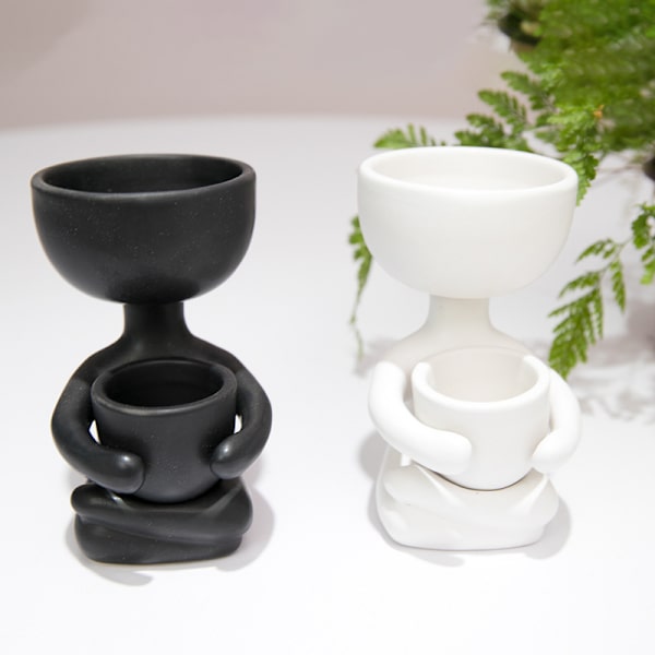 *Keramisk Blomsterpot Portræt Blomsterpot Bord Sukkulent Kaktus Humanoid Vase Desktop Blomsterstand Sort Plantebeholder 6X6x10cm (Sort)*