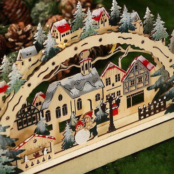 3d Light Arch - Vinterlandskap/snöig stad - Ledbelysning - 38*5*21,8 cm - Handmålade detaljer - Naturligt trä - Traditionell juldekoration Baob