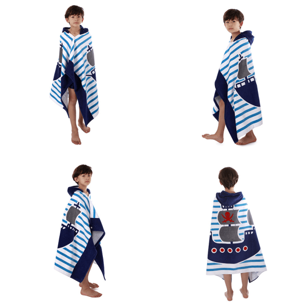 Strandhåndkle med hette for barn (76*127 cm blå piratskip) - Boy Gi