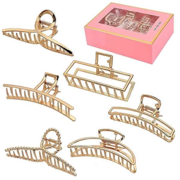 6-pack Stora hårklämmor i metall - 10 cm stora guld hårklämmor, Perfekta käkklämmor för kvinnor och tunnare, tjock hårstyling, Starkt grepp, Mode