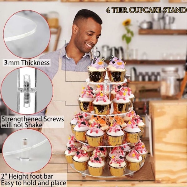 4-vånings runt cupcake-ställ, förtjockad akryl cupcake-hållare, desserttorn, kakställ för bröllop och födelsedagsfester