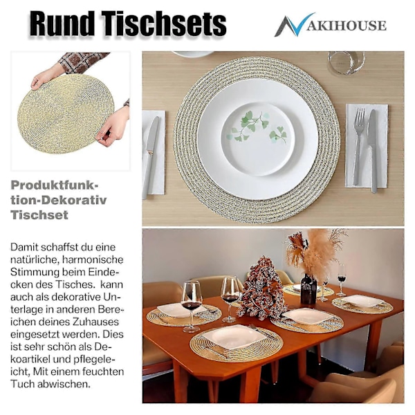 Pöytätabletit pyöreät beige punotut pöytätabletit, 6 kpl, lämmönkestävät, pestävät keittiöön ja ruokailuun, 38 cm, kulta
