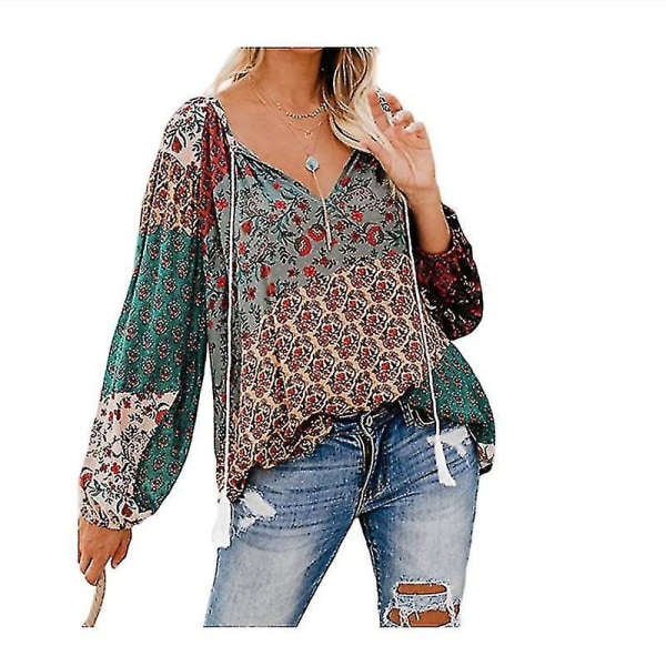 Dam Blommig Boho V-ringad Långärmad Lös Tunika Blus Skjortor