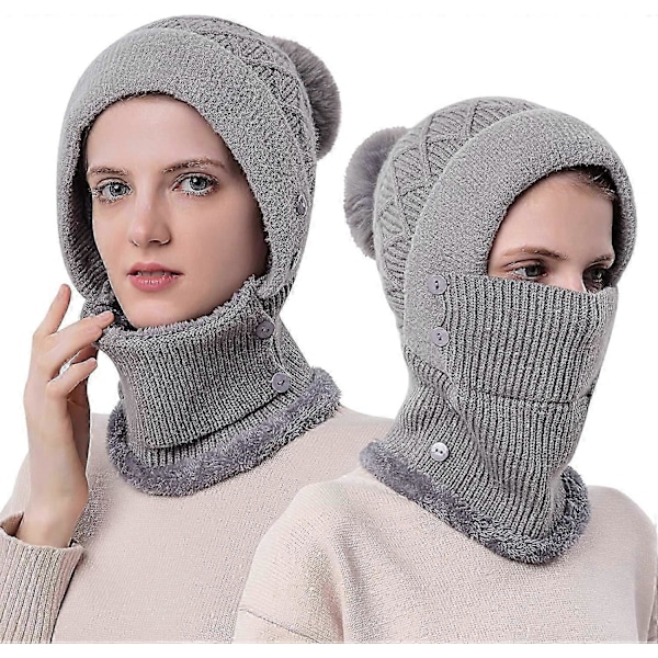 Dame Vinter Varm Strikket Hue Halsvarmer Sæt, Dobbelt Lag Fleeceforet Beanie Hue, Grå