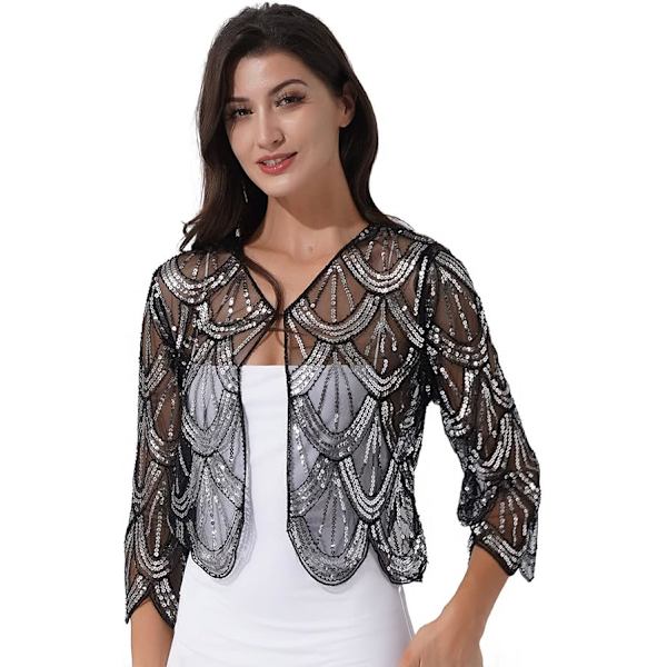 /#/Lille Sequin Sjal til Kvinder - Sort, Vintage Bolero Bryllup Eveni/#/