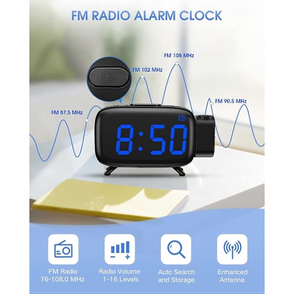 Projektionsväckarklocka Radio Digital Väckarklocka med 3 Ljusstyrkor