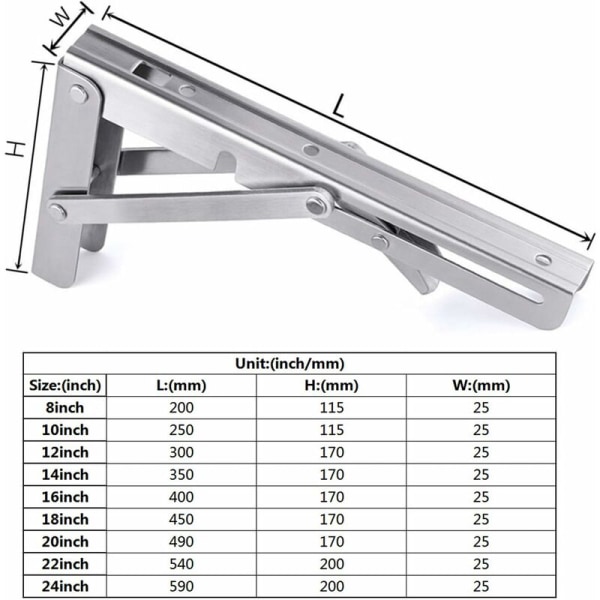 2 stk. Foldbare Beslag 200 mm, Foldbar Konsol i Rustfrit Stål B