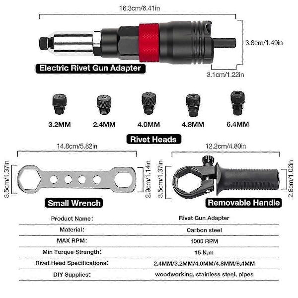 Sladdlös nitmaskinssats 2,4 mm/3,2 mm/4,0 mm/4,8 mm/6,4 mm Insatsmutter Nitar Industriella elektriska nitaradapter