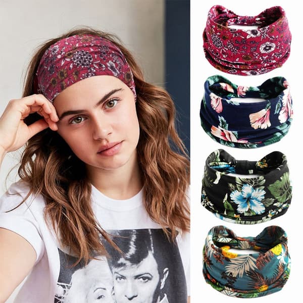 Sett med 4 Hårbånd for Kvinner, Boho Blomster Stil, Kryss-Kryss Hodebånd