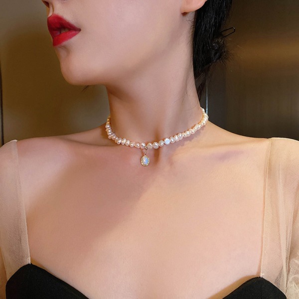 /#/Baroque Pearl Necklace Women's Small Crystal Pendant Collar/#/