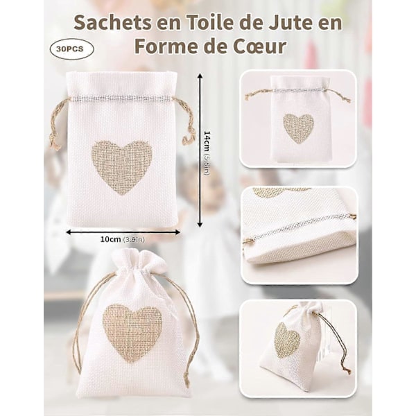 30 STK Jute Sække 10x14cm Hjerte Mønster Jute Poser Sæt af Små Poser med Snøre til Opbevaring af Slik Smykker Gaveæske Dragee til Dåb Bryllup