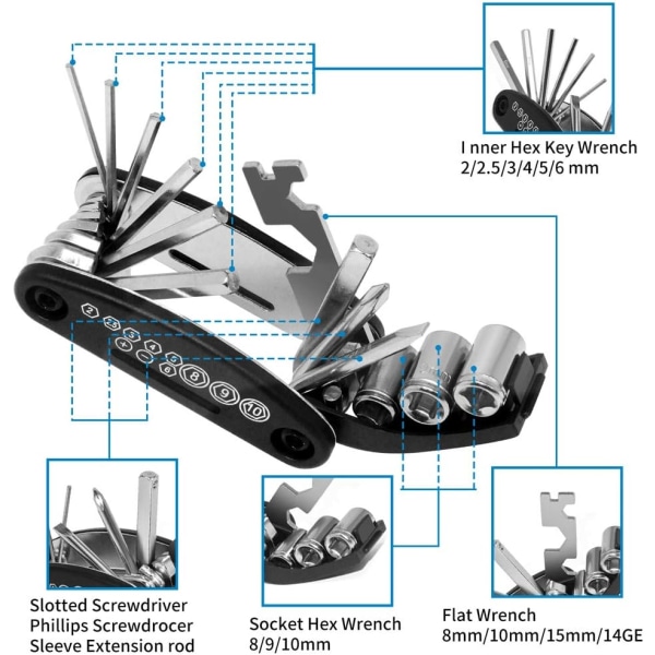 Pocket Bike Tools 16 Tools, Cykeldækreparationssæt, [240g Ultralig