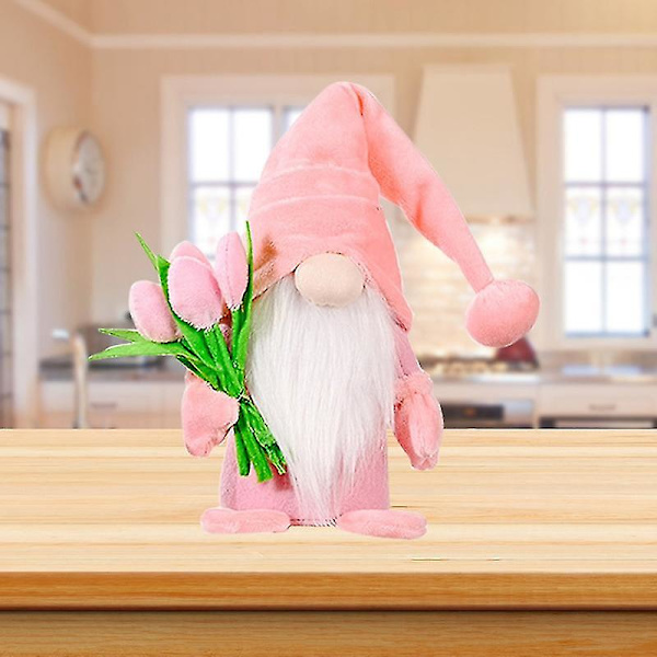 Gnome Docka Söt Långt Vitt Skägg Tyg Tulpanbukett Klassisk Svensk Ansiktslös Dockdekor För Mors Dag Rosa