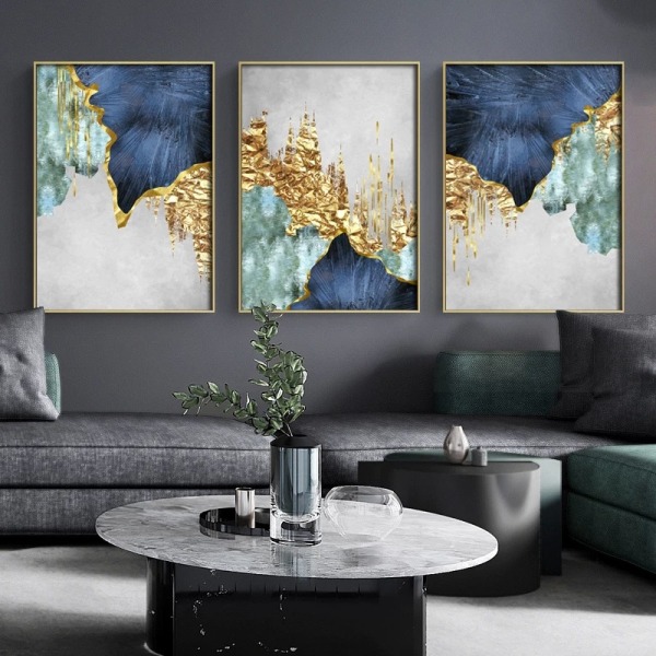 #Stue dekorativt maleri - Blå og guld kurve - 30*40*3, #