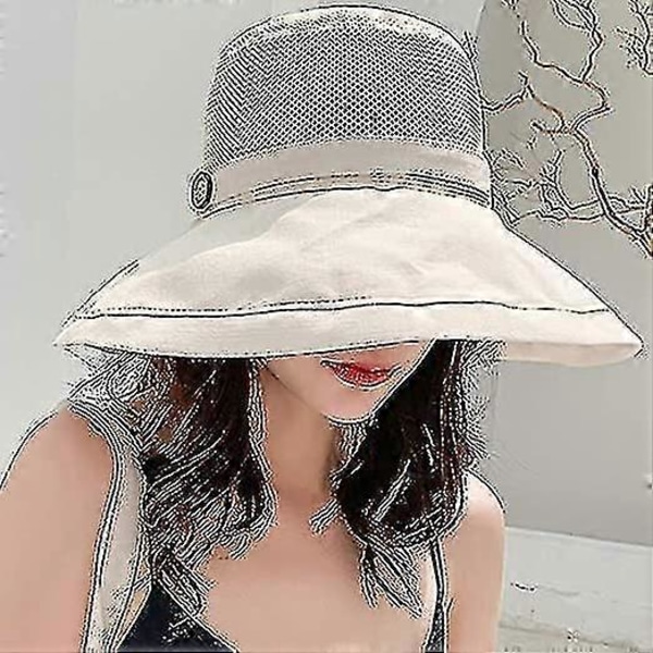 Solhattar i mesh för kvinnor - UPF UV-skydd - Hopfällbar - Bred brätte - Hakband beige