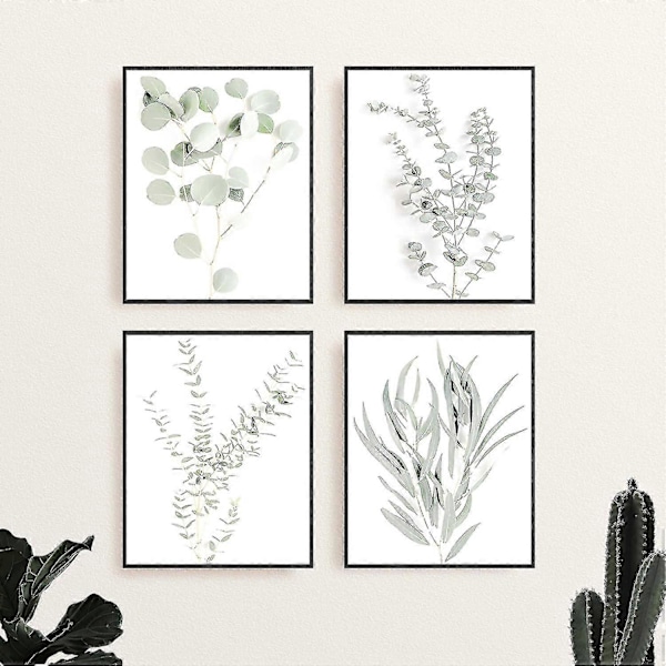 Botanisk Väggkonst med Växter - Set med 4 Väggdekorationer med Växter, Blommor, Blad, Boho-blad, Eukalyptus (oramad) (20x25 cm)
