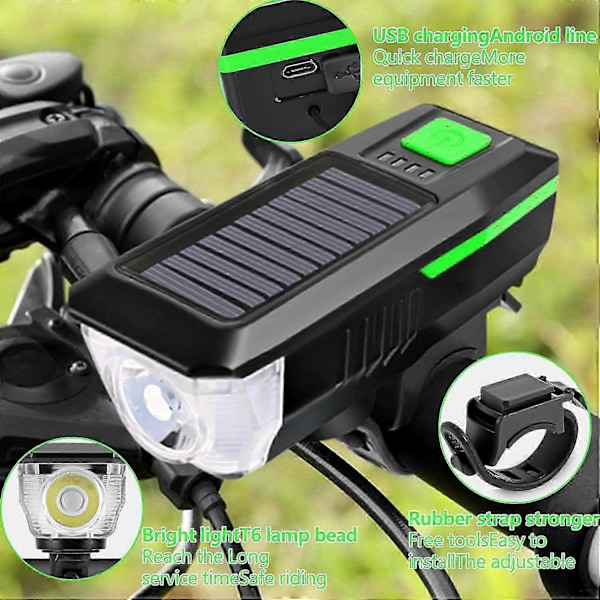 Cykelhorn Forlygte Solar/USB Dobbelt Opladning Cykelhorn Lys Høj Lysstyrke Cykel