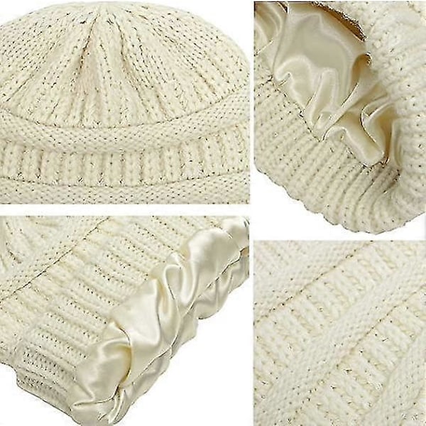Varm stickad vintermössa med satin-foder, kabelstickad beanie, tjock slouchy skull cap för damer