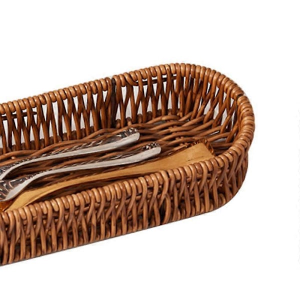 Imiteret Rattan Brødkurv Multifunktionel Vævet Rattan Opbevaringsbakke Køkken Bestik Organizer til Hjem Restaurant