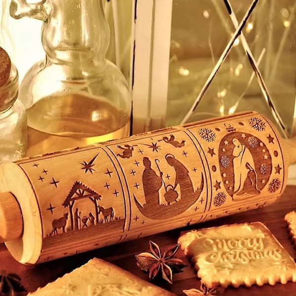 Nativity Christ Mønster Tre Gravert 3D Kjevle Preget Deigrulle