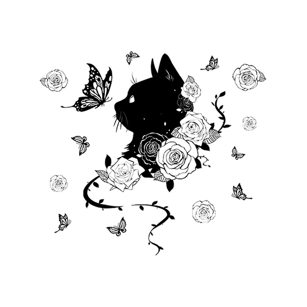Svart Katt Blomst Hjemme Veggklistremerker, Morsomme Toalettseteklistremerker for Lokk, Selvklebende Toalettlokkdekor