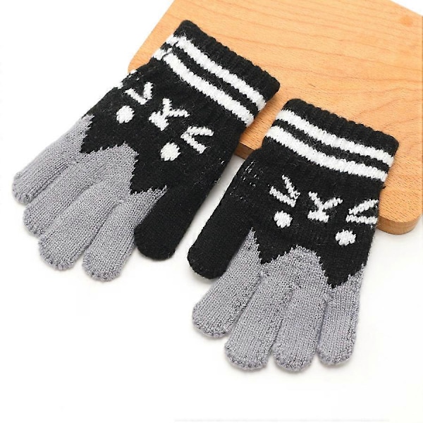 Vinter Barnhandskar Söta Fuskullsvantar Tjock Plysch Pojke Flicka Handskar 5-Finger Sött Kattmönster Varma Handskar Anti-Förlorade Vantar, Svart, 15*9cm