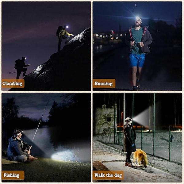 Kraftig pandelampe [2 stk.], USB genopladelig LED pandelampe 200 lumen 5 lystilstande hvidt og rødt lys, IPX5 vandtæt