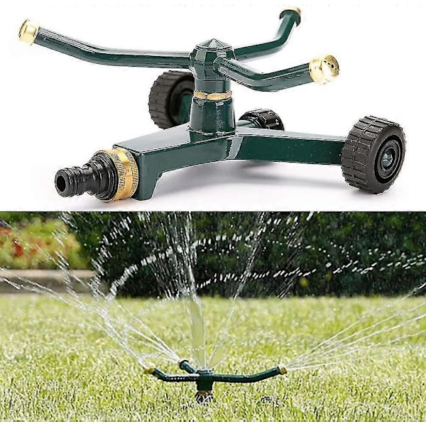 Kolmihaarainen metallisprinkleri pyörillä varustetulla jalustalla
