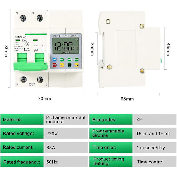 Timer, Automatisk tidsbryter Høyeffekt tidsstyringsbryter med 16 grupper justerbar tidskontroller for husholdningsapparater, 2P 63A AC230V