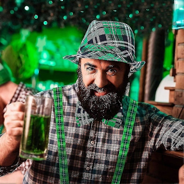 St. Patricks Dag 3-delt sæt - Grønternet Fedora Hat med Butterfly & Seler til Festlige Kostumetilbehør